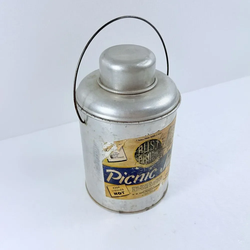 Vintage Faris Rust Proof Metal Picnic Jug Thermos W/ Drinking Cup & Handle 1960s